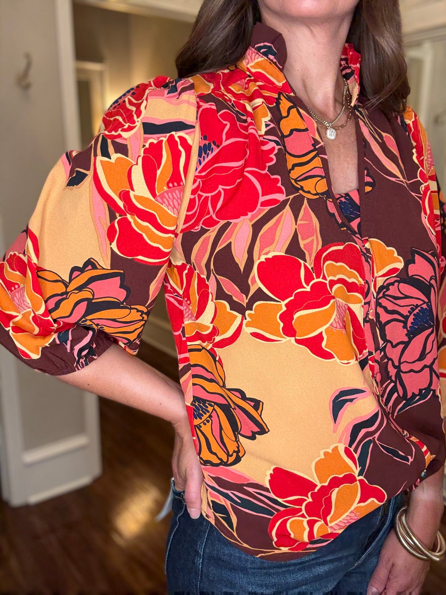 ODDI FLORAL PRINT RUFFLE NECK TOP 7.24
