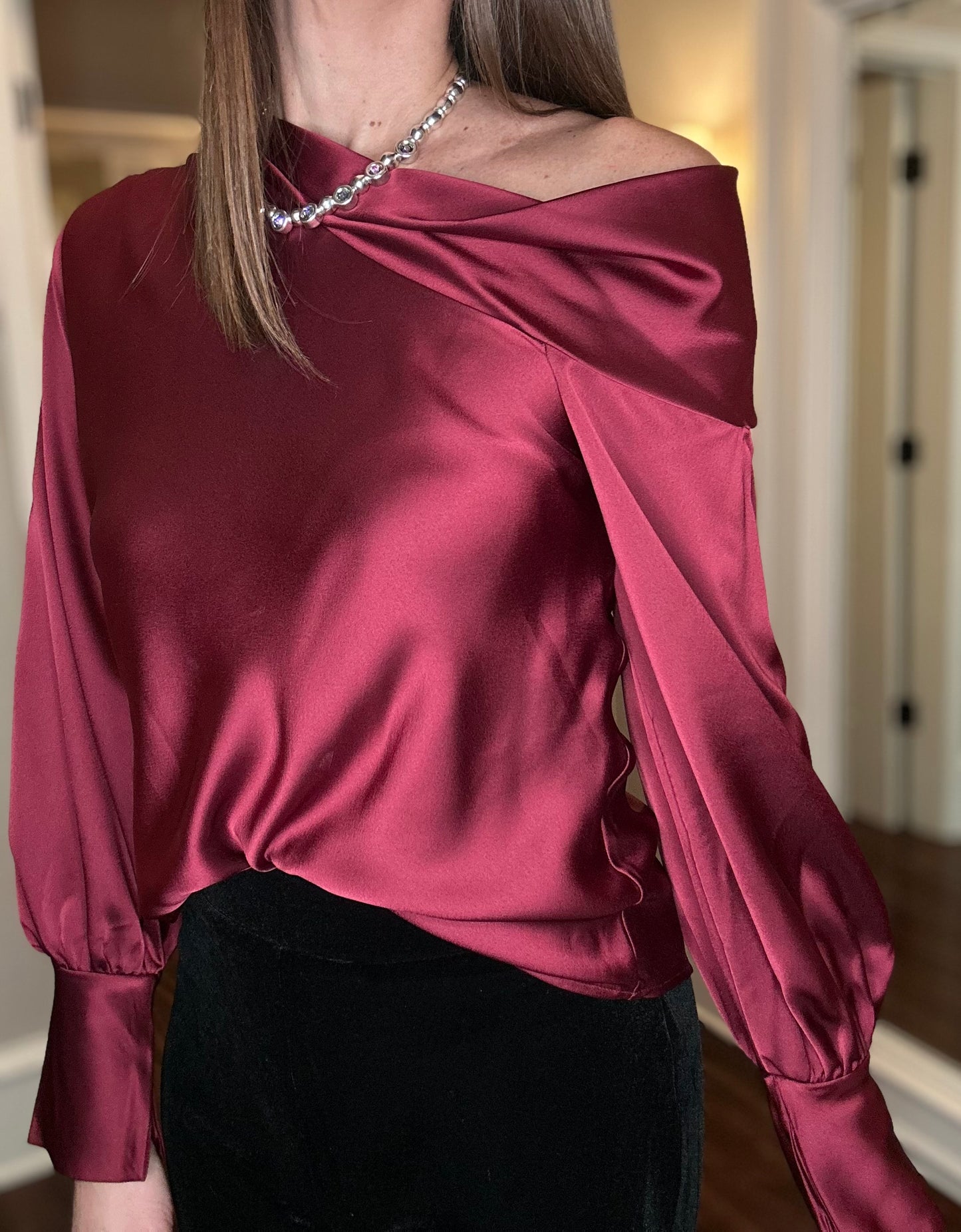 DROPPED SHOULDER LONG SLEEVE SATIN TOP 11.15