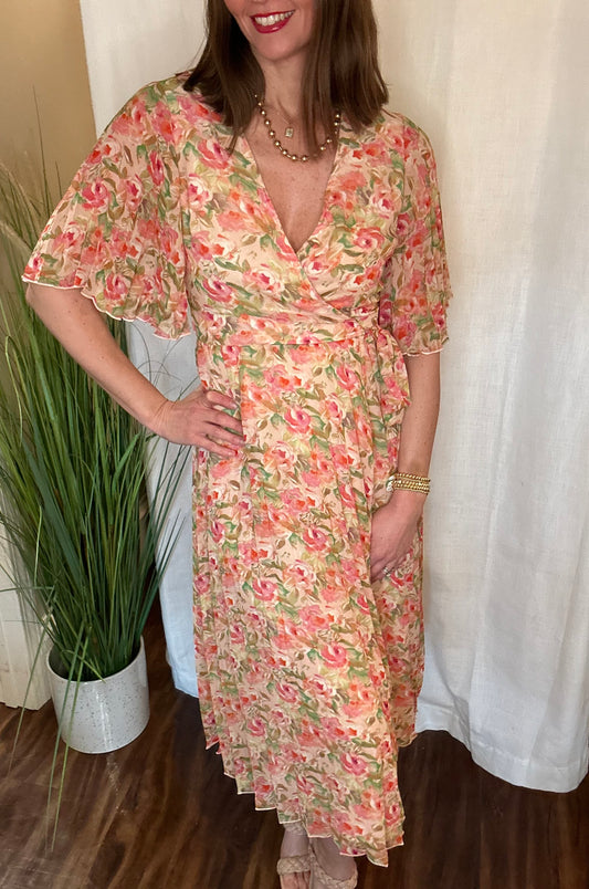 FLORAL PLEATED WRAP DRESS
