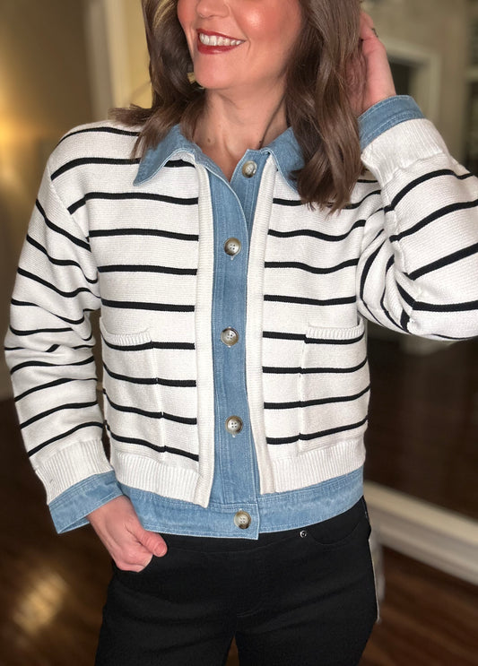 MABLE STRIPE KNIT & DENIM CARDI  12.23