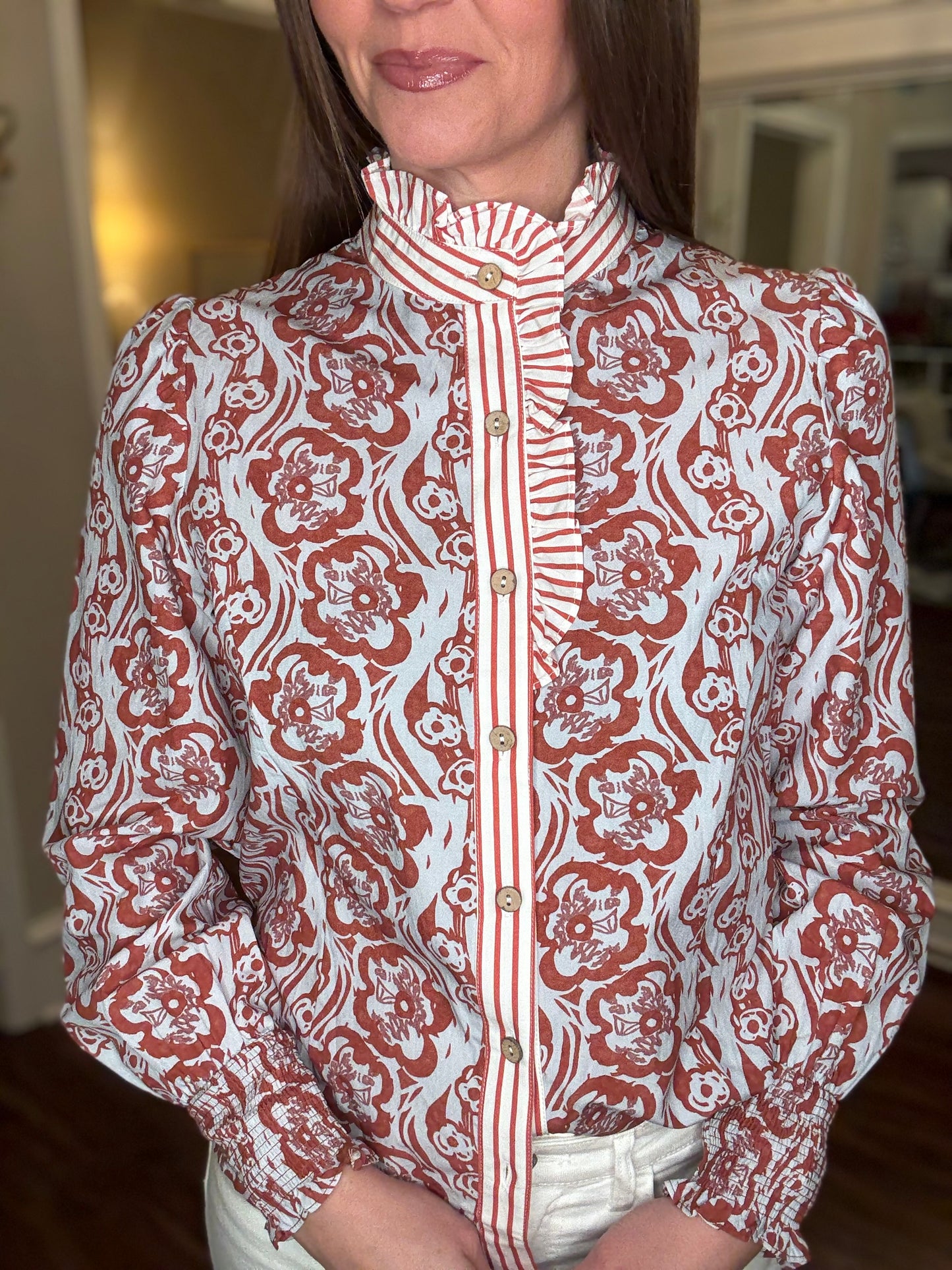 LOVE SOFT RUST FLORAL STRIPED TRIM TOP 1.27