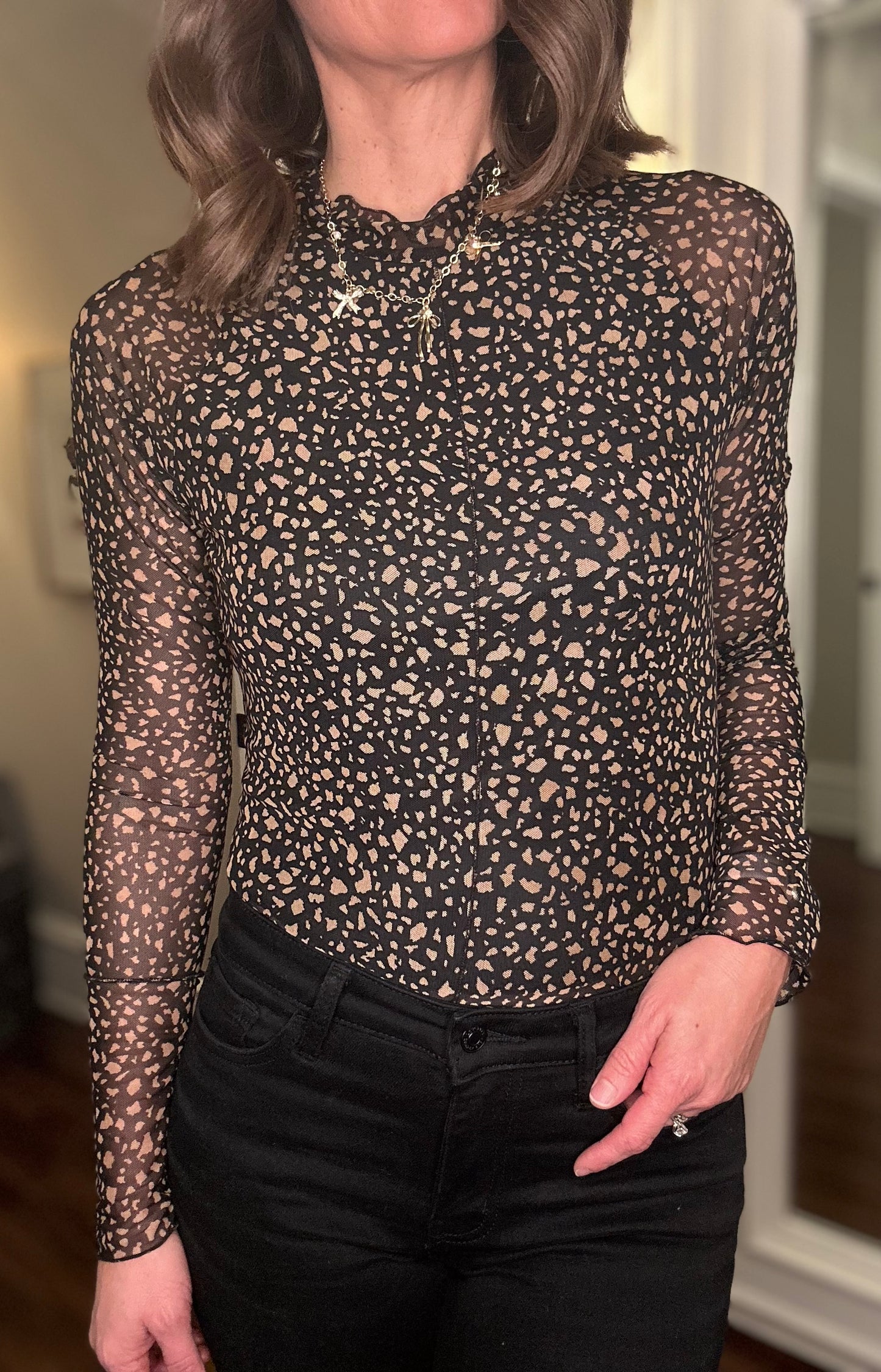 SHEER SLEEVE ANIMAL PRINT TOP 12.7