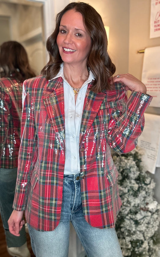 BIBI SEQUIN CHRISTMAS PLAID BLAZER FINAL SALE