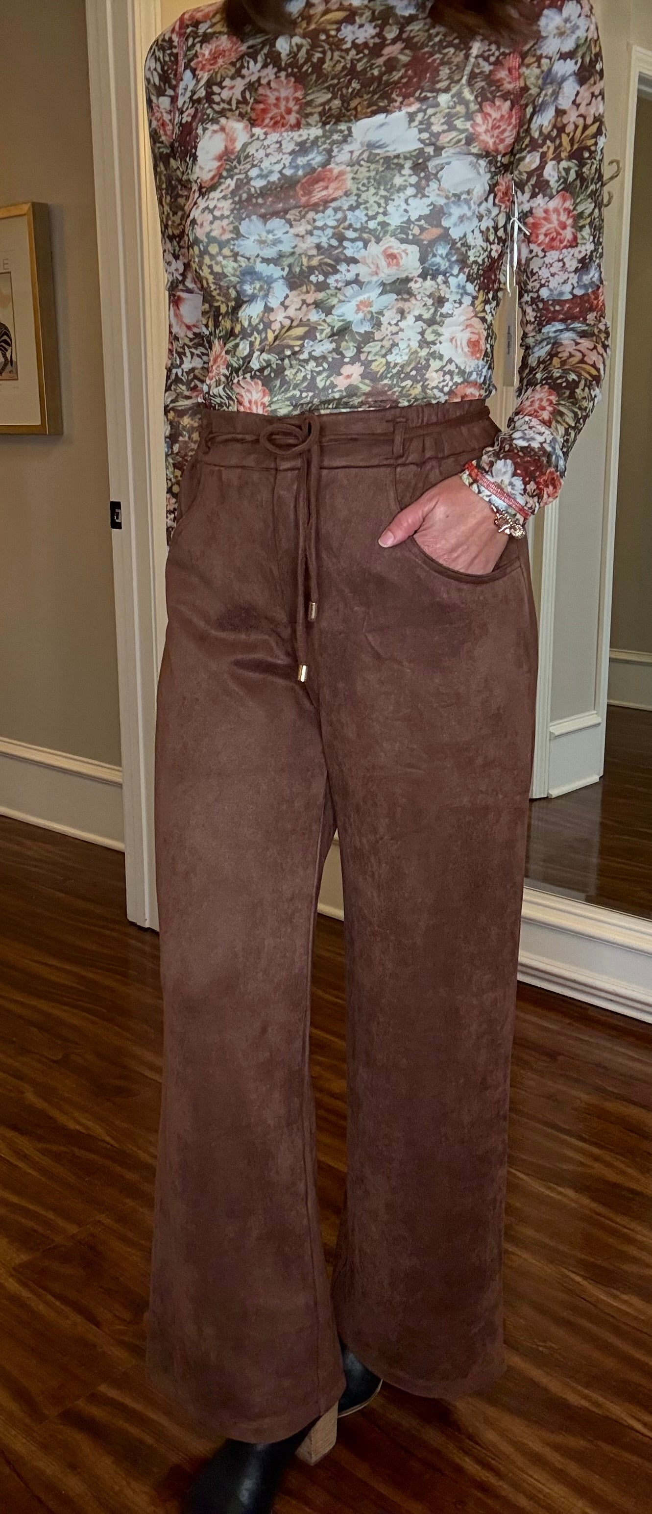 ENTRO BROWN WIDE LEG FAUX SUEDE PANTS 9.11