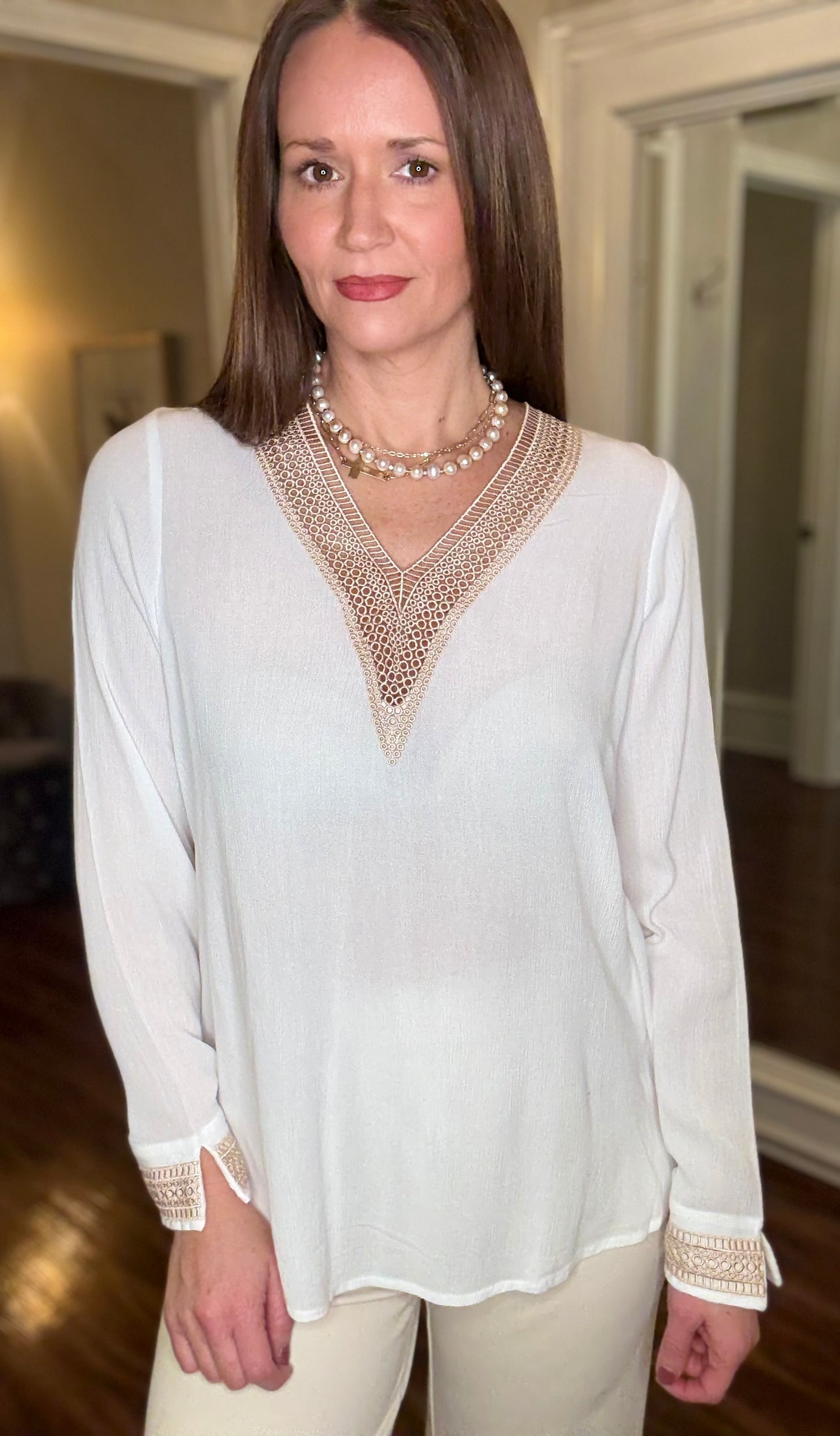CROCHET TRIM V-NECK BLOUSE 12.23