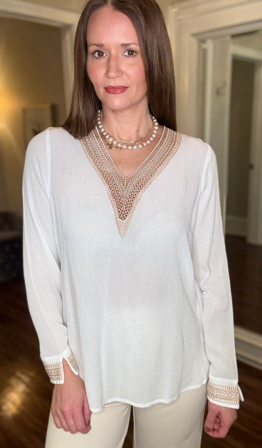 CROCHET TRIM V-NECK BLOUSE 12.23