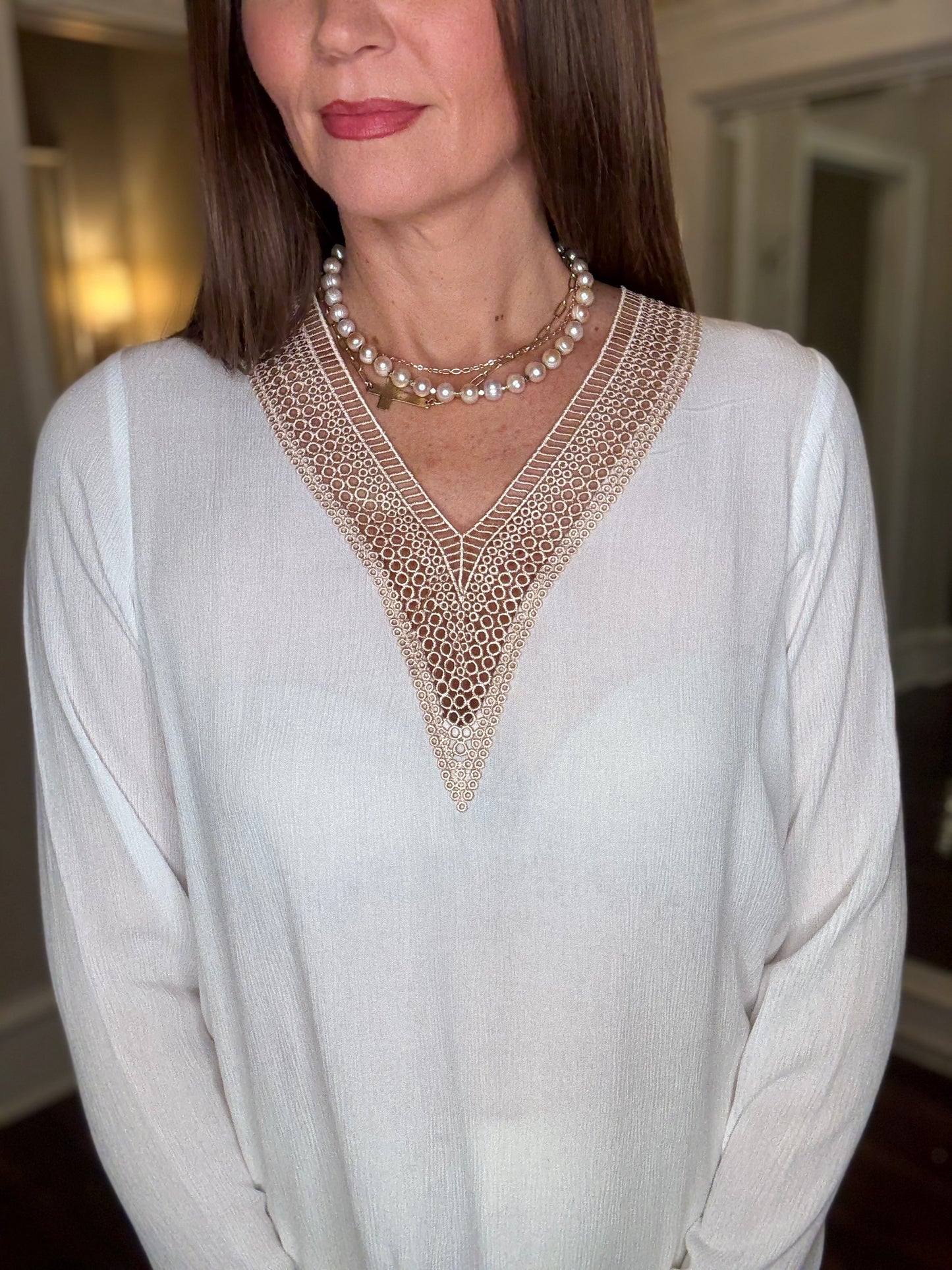 CROCHET TRIM V-NECK BLOUSE 12.23