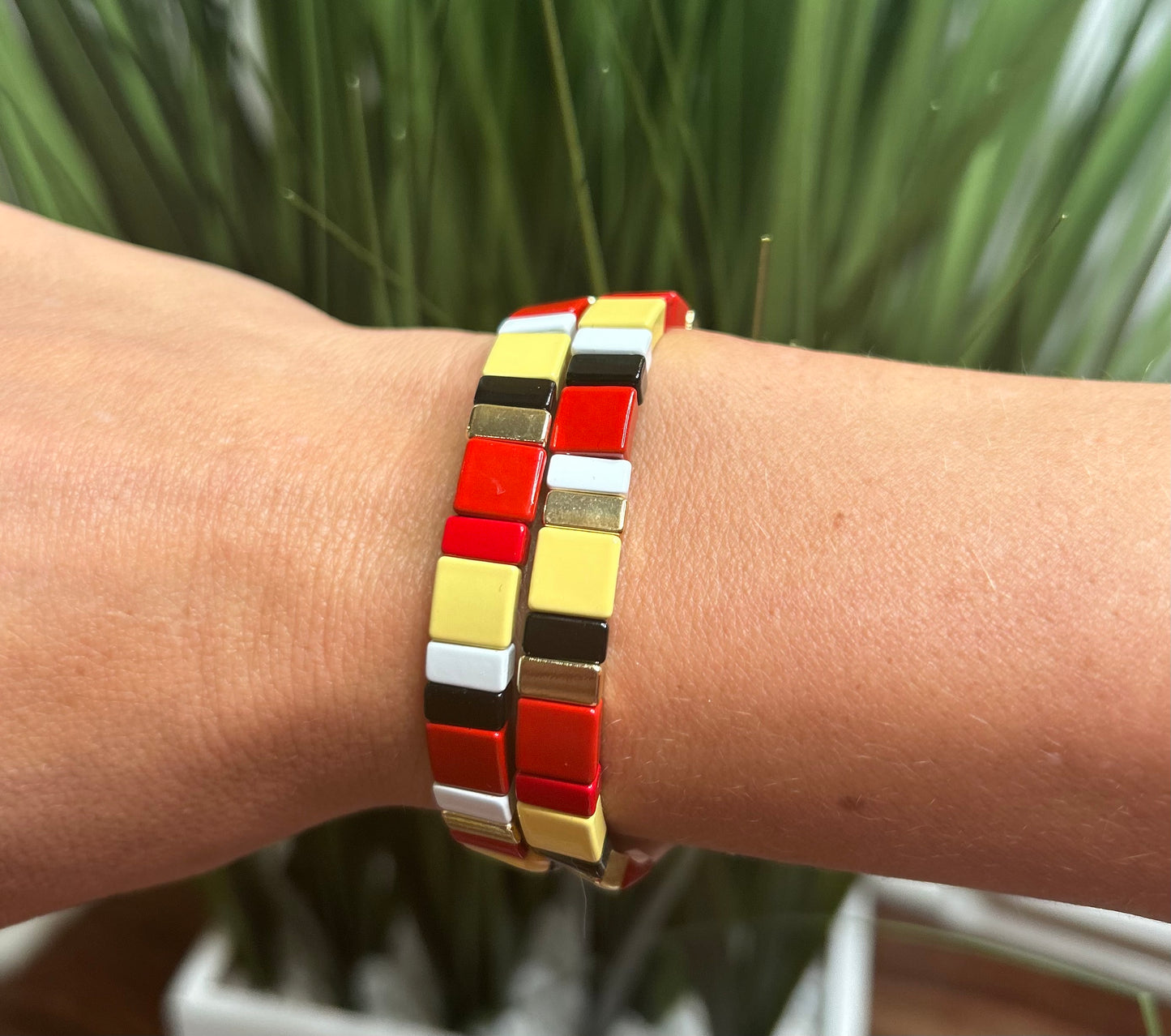 RED, YELLOW, AND BLACK TILE BRACELET 8.5