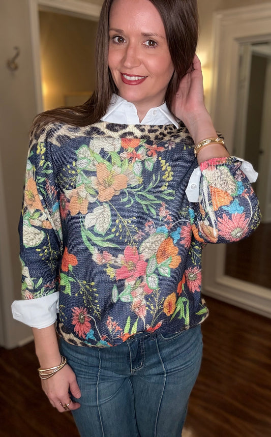 BRAND BAZAR NAVY FLORAL/LEOPARD SWEATER 2.5