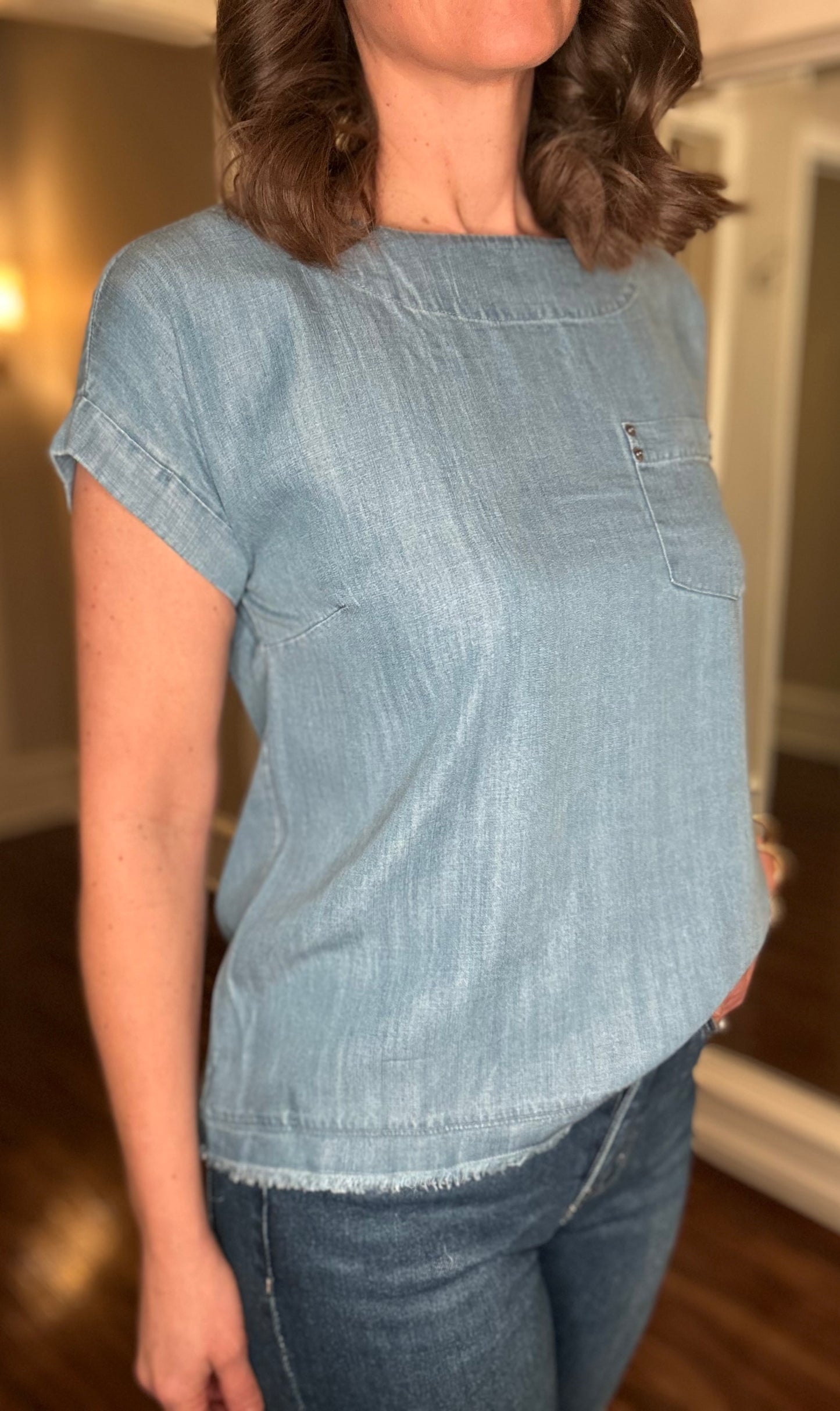 MULTIPLES DOLMAN SLEEVE CHAMBRAY TOP 1.15