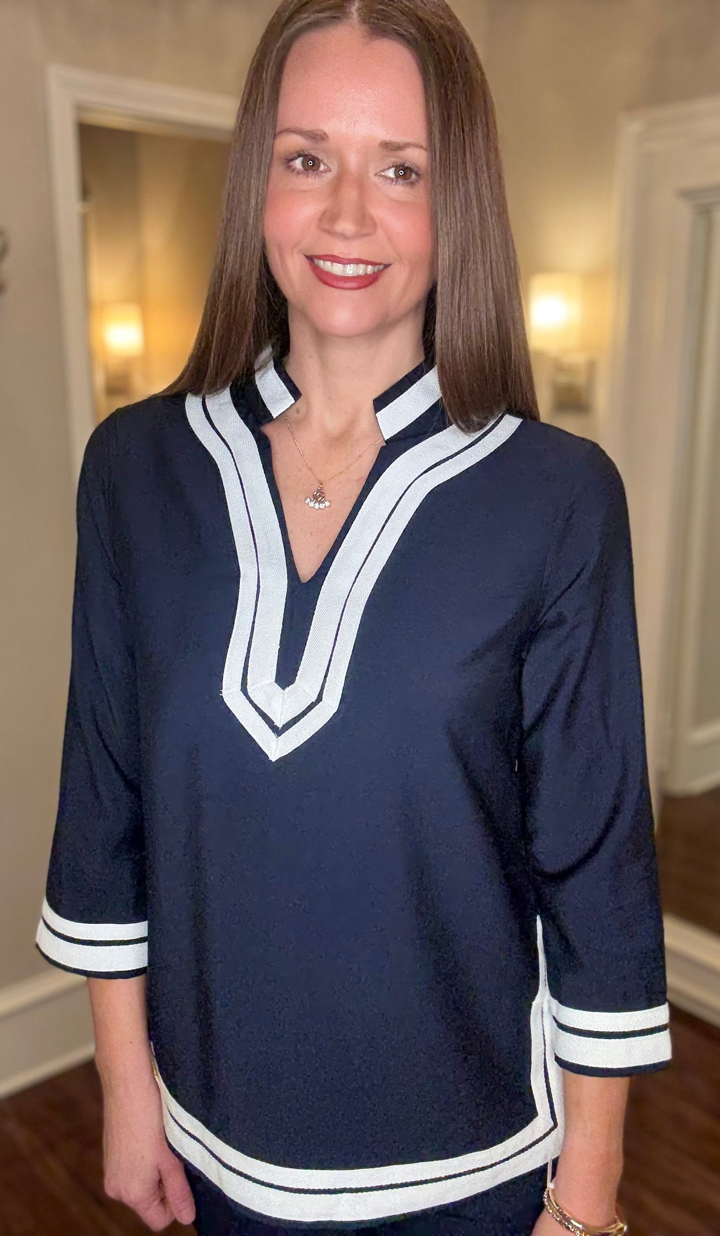 MULTIPLES 3/4 SLV NOTCH COLOR W/TRIM TOP (multiple colors) 1.15