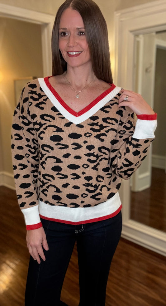 VINE AND LOVE LEOPARD V NECK WITH RED TRIM