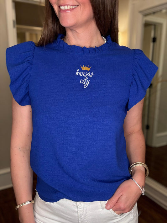 KC ROYAL BLUE MOCK NECK RUFFLE BLOUSE 4.25