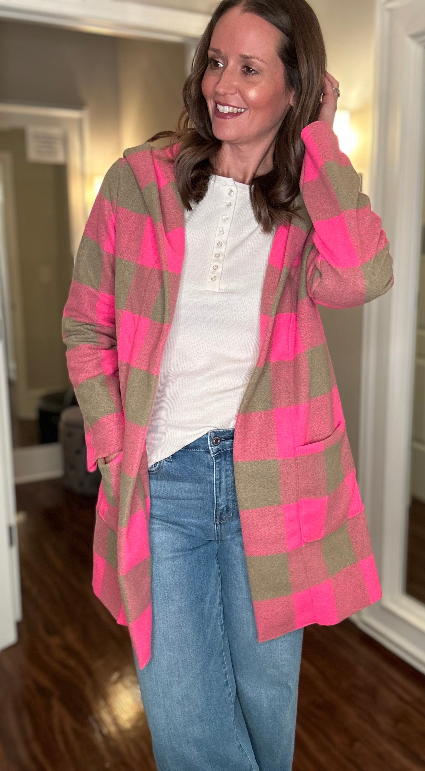 DYLAN PINK AND OLIVE PLAID HOODED COAT 10.2