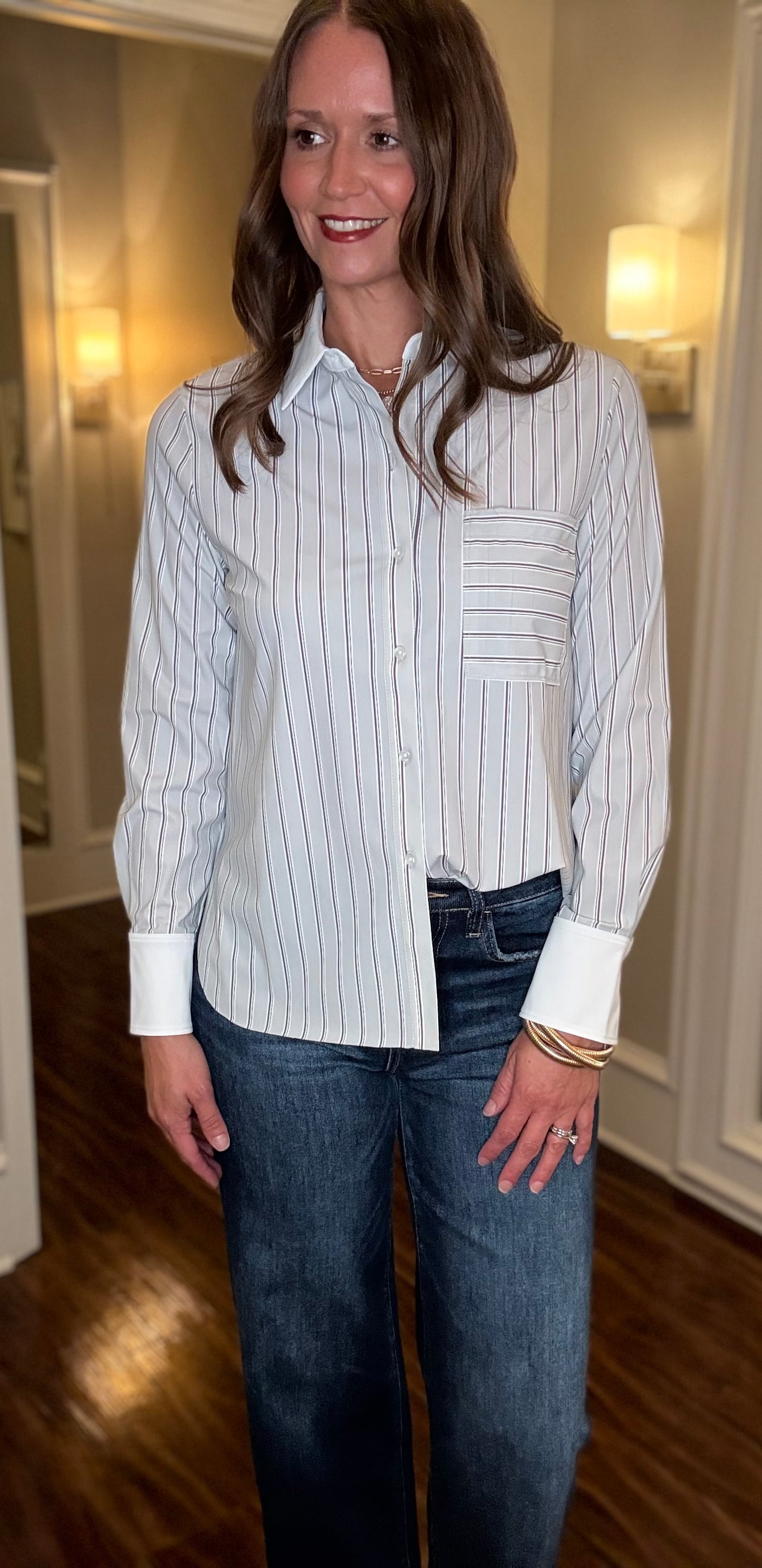 LYSSE EXECUTIVE STRIPE CROP BUTTON DOWN TOP 7.24