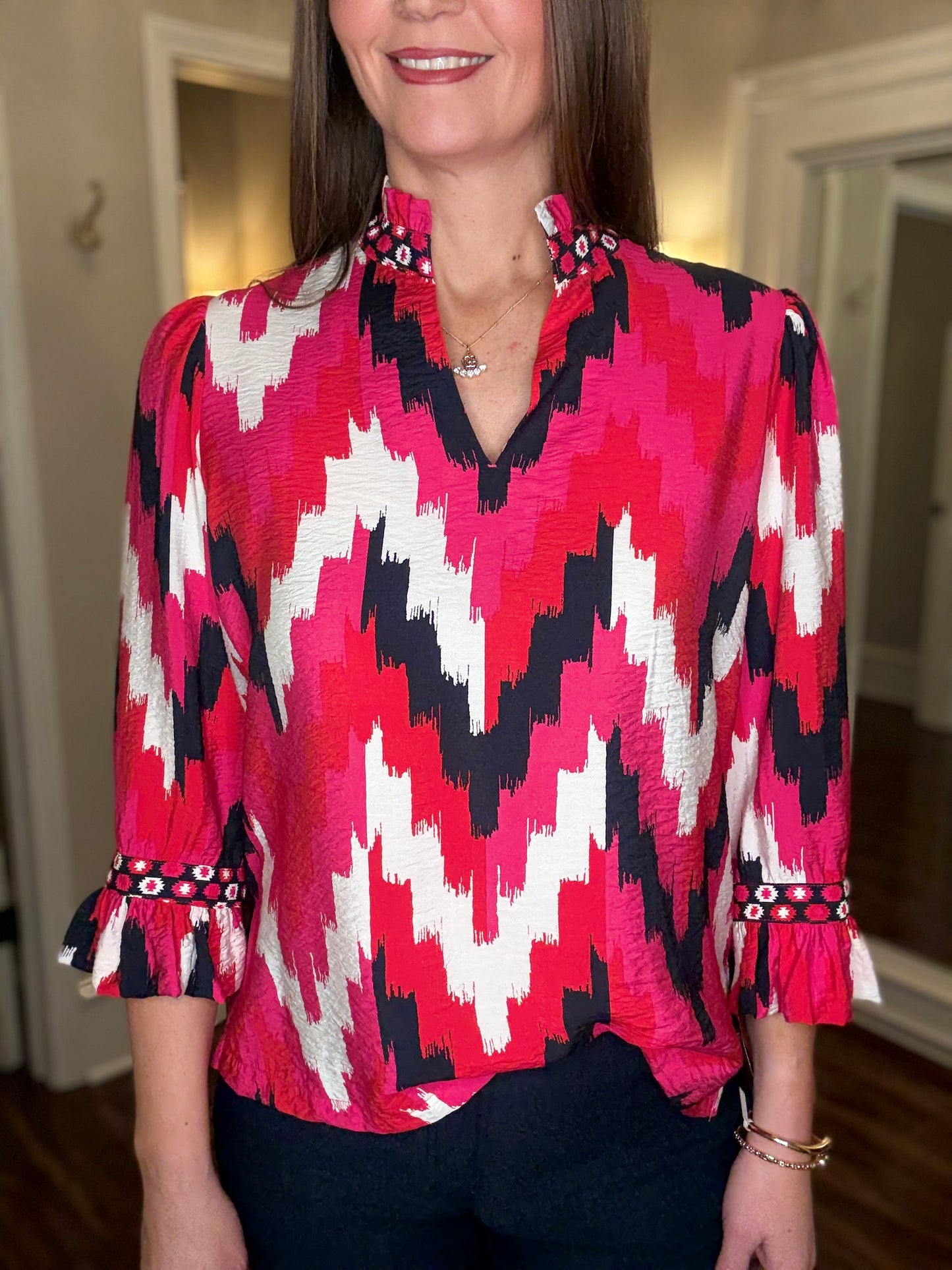 MULTIPLES CUFFED 3/4 SLV PATTERNED TOP 1.15