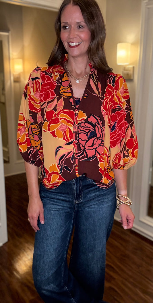 ODDI FLORAL PRINT RUFFLE NECK TOP 7.24
