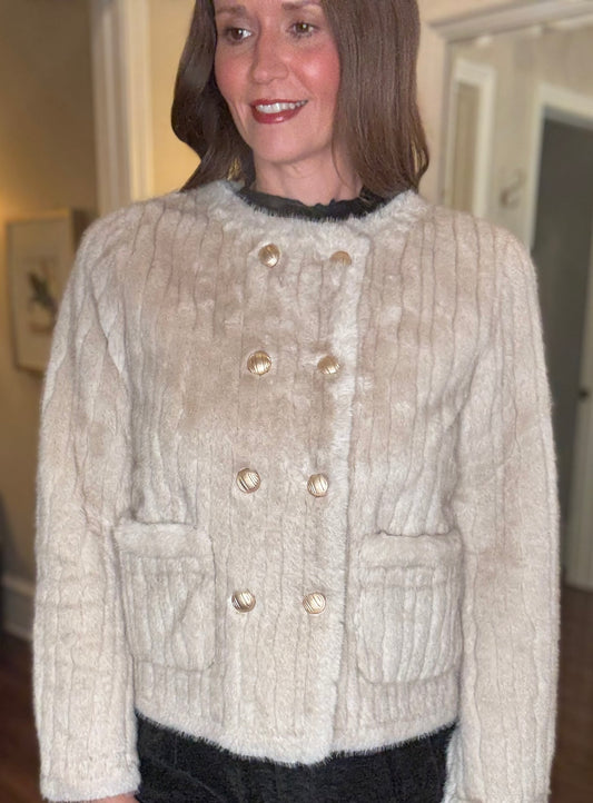 MOLLY BRACKEN BEIGE FAUX FUR JACKET WITH GOLD BUTTONS 8.15
