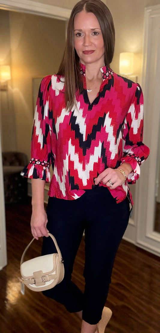 MULTIPLES CUFFED 3/4 SLV PATTERNED TOP 1.15