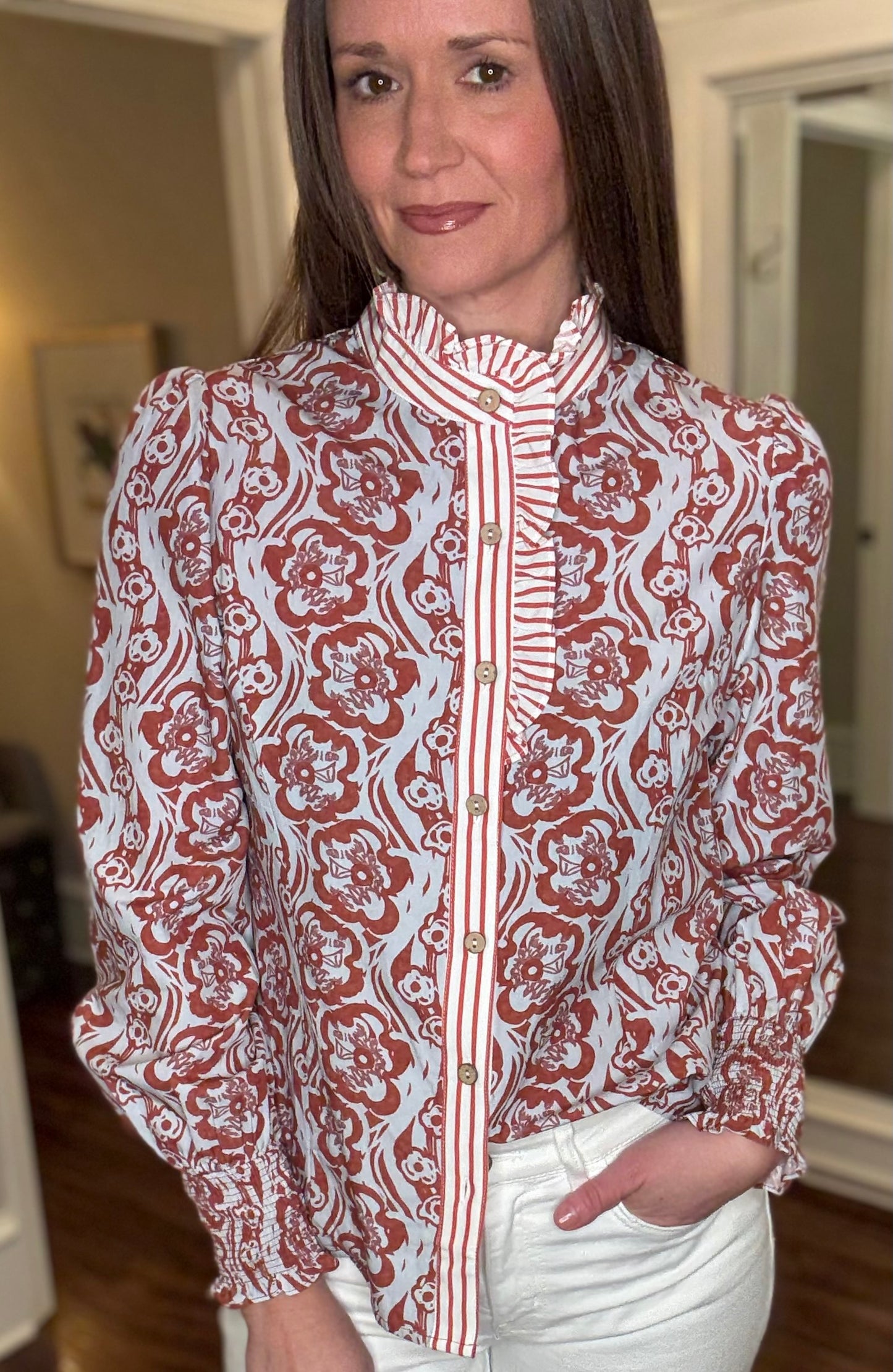 LOVE SOFT RUST FLORAL STRIPED TRIM TOP 1.27