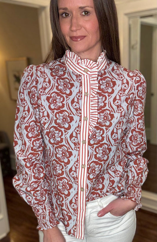 LOVE SOFT RUST FLORAL STRIPED TRIM TOP 1.27