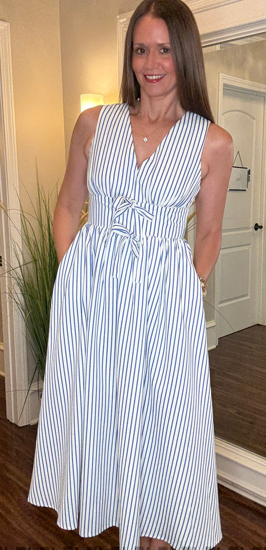 ENTRO SEARSUCKER STRIPE DRESS W/BOWS 5.16