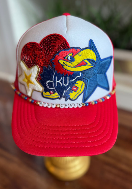 RED KU PATCH TRUCKER HAT 11.14