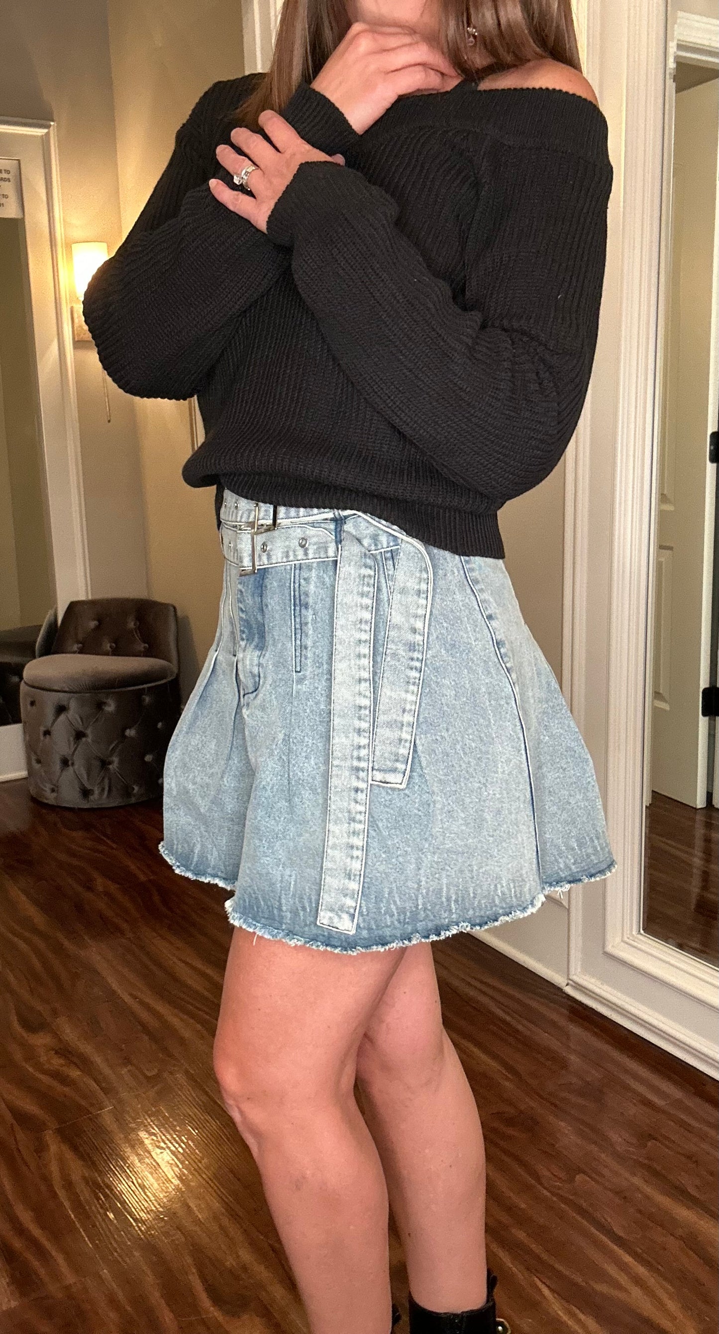 DORCAS DOUBLE BELTED DENIM MINI SKIRT 10.15