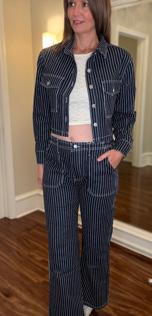 STRIPED DENIM STRAIGHT LEG JEANS 8.5