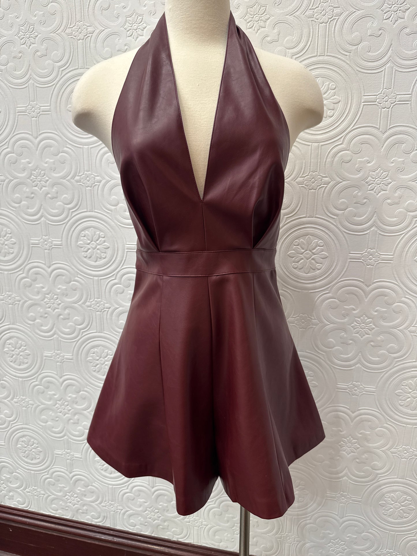 DEEP HALTER NECK LEATHER ROMPER 8.28
