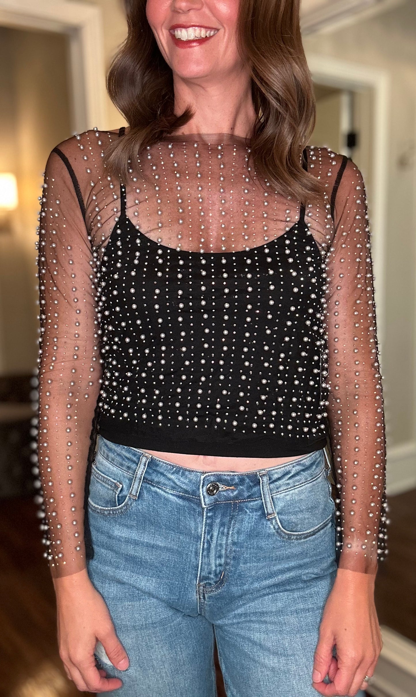 RHINESTONE AND PEARL MESH TOP 8.6