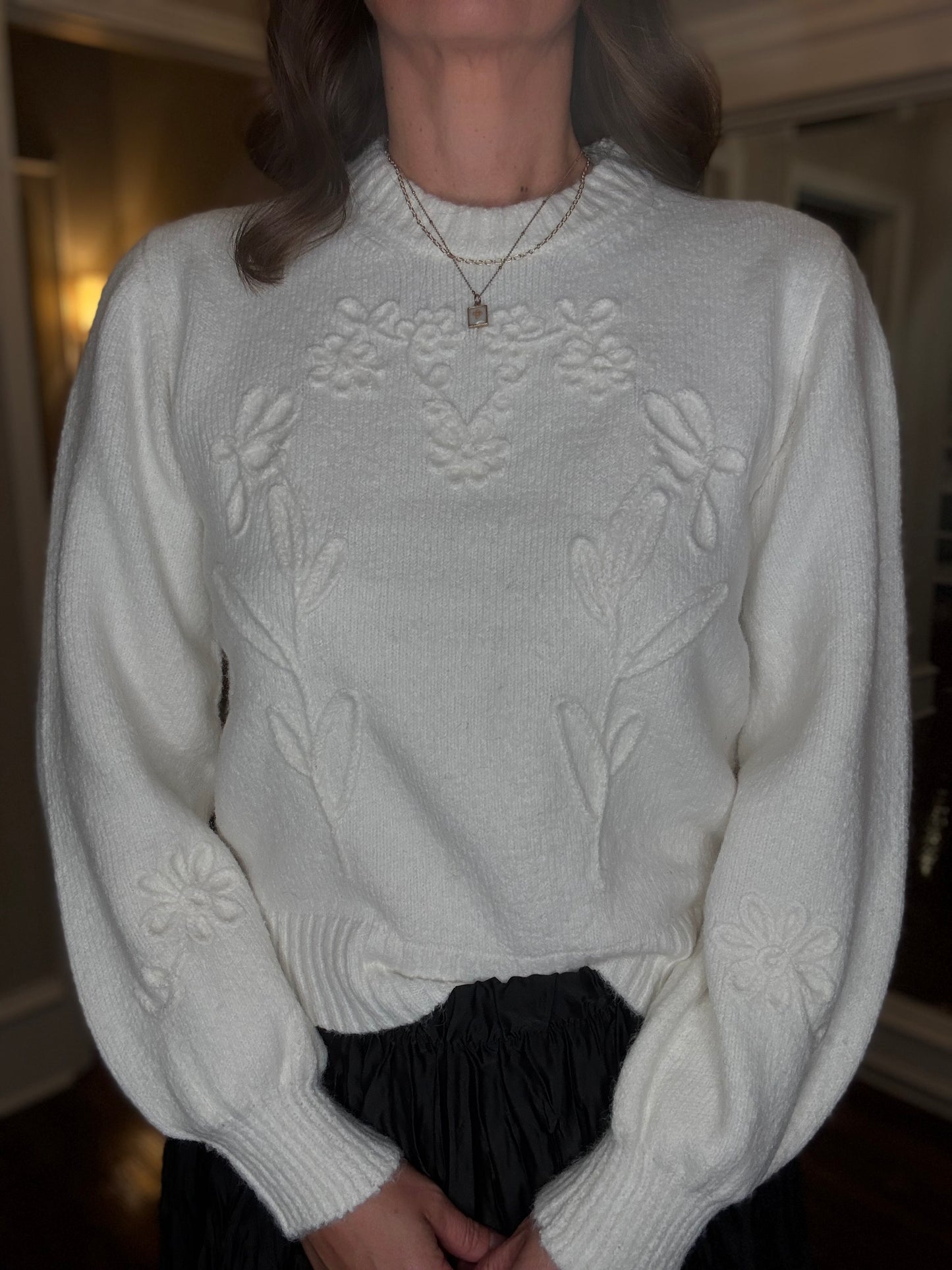 WINTER WHITE SWEATER WITH FLORAL STITCHING 9.10