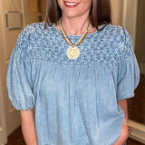 SMOCKED DETAIL DENIM TOP 3.13