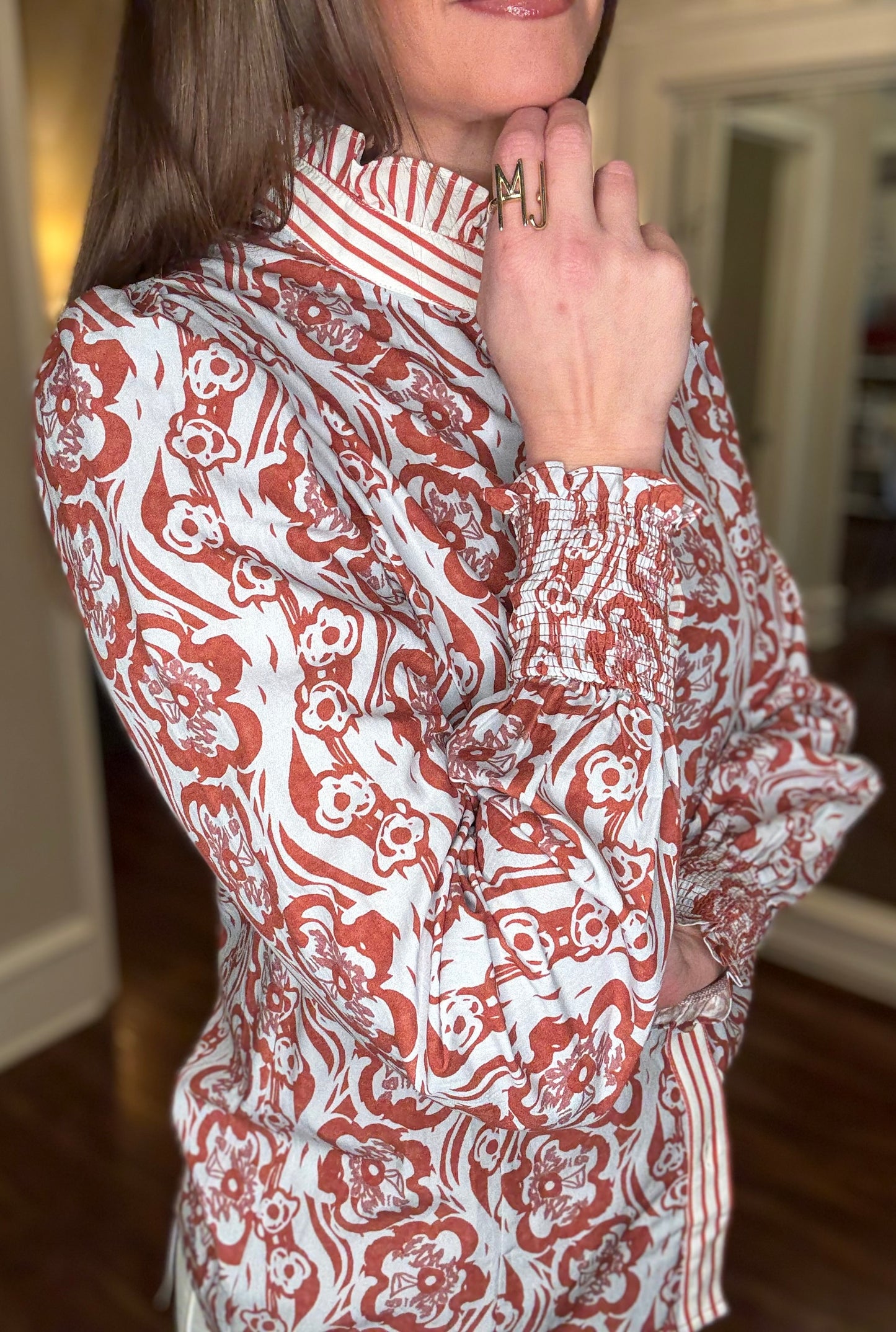 LOVE SOFT RUST FLORAL STRIPED TRIM TOP 1.27