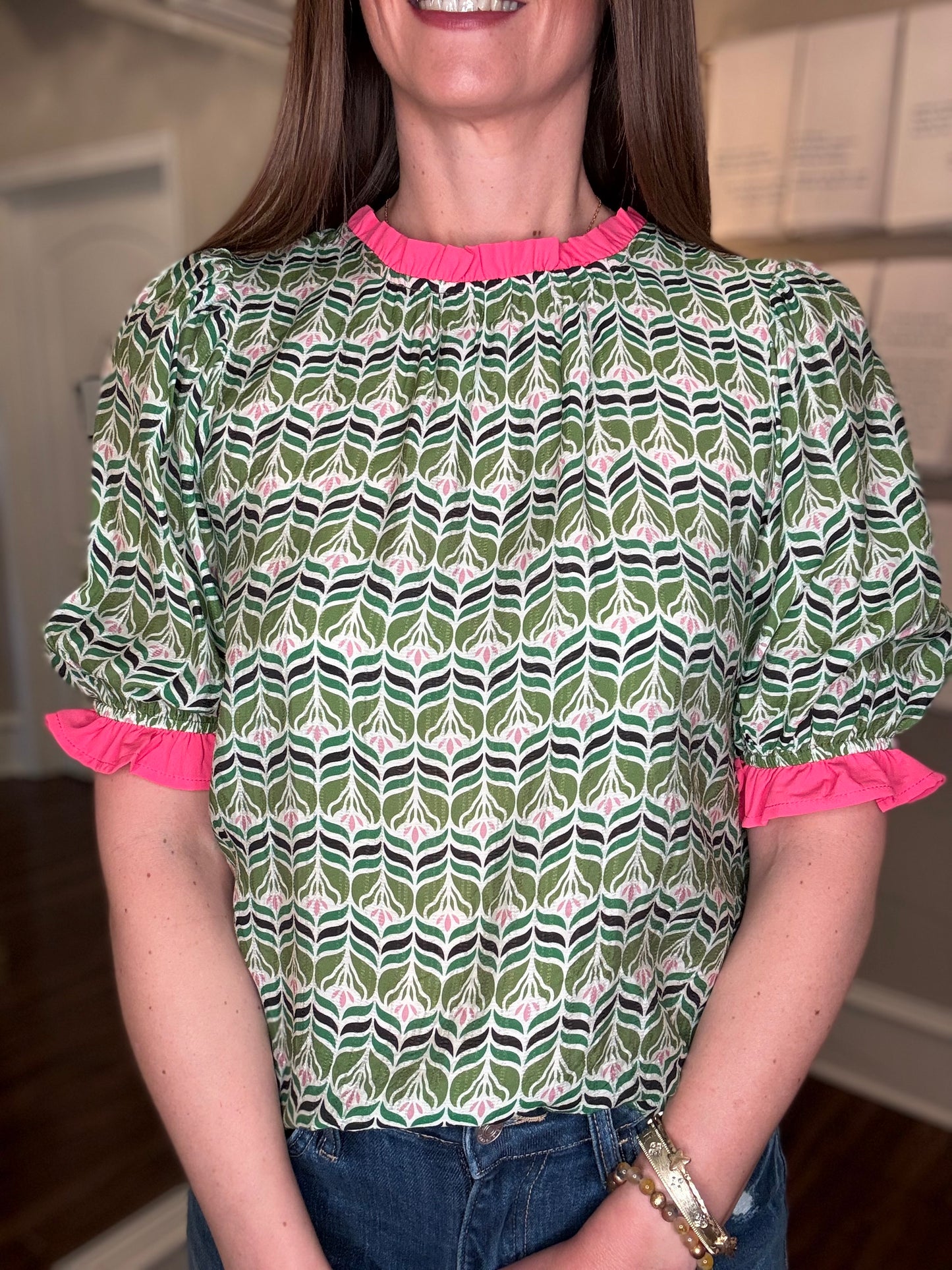 VOY CONTRAST PUFF SLEEVE PRINT TOP 4.9
