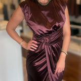 MABLE WINE SATIN TWIST DRAPE MIDI DRESS 9.22