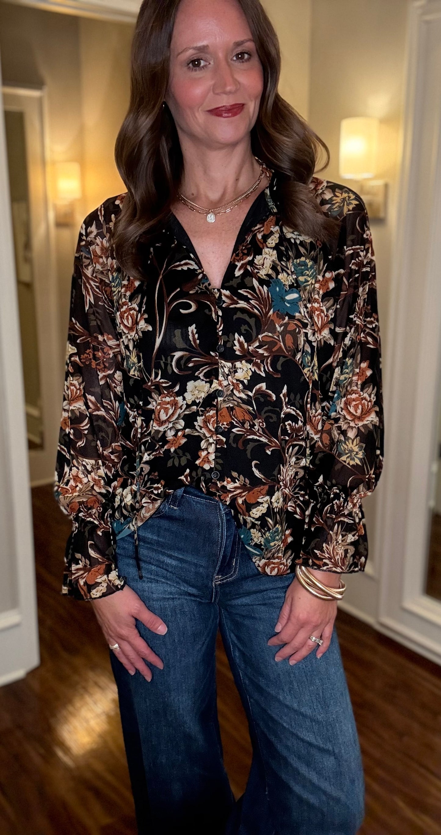 SHEER SLEEVE FLORAL BLOUSE 7.23