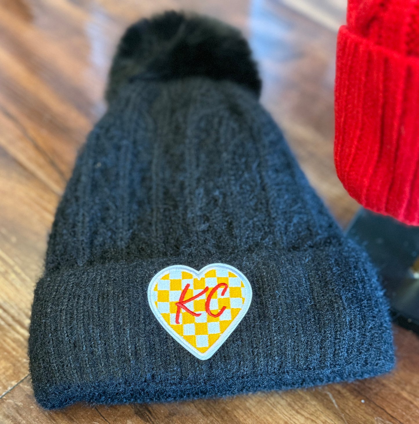 KC FUR POM BEANIE WITH CHECKERED PATCH (multiple colors) 10.28
