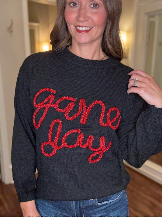 GAME DAY METALLIC LETTER SWEATER 7.24