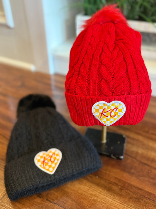 KC FUR POM BEANIE WITH CHECKERED PATCH (multiple colors) 10.28
