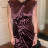 MABLE WINE SATIN TWIST DRAPE MIDI DRESS 9.22