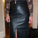MABLE BLACK FAUX LEATHER MIDI SKIRT 9.22