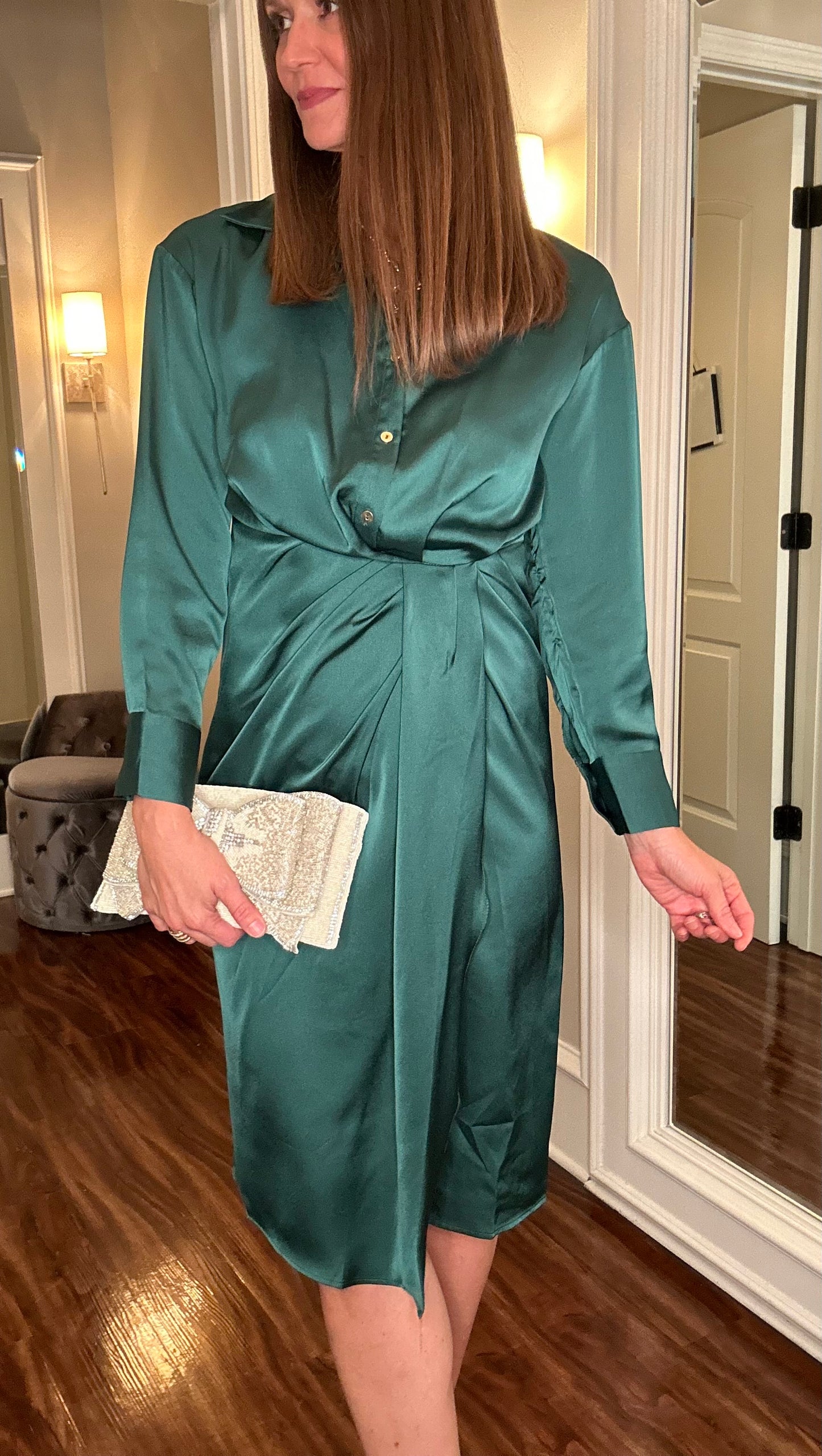 DRESS DAY RUCHED SHIRT SATIN MIDI DRESS 10.4