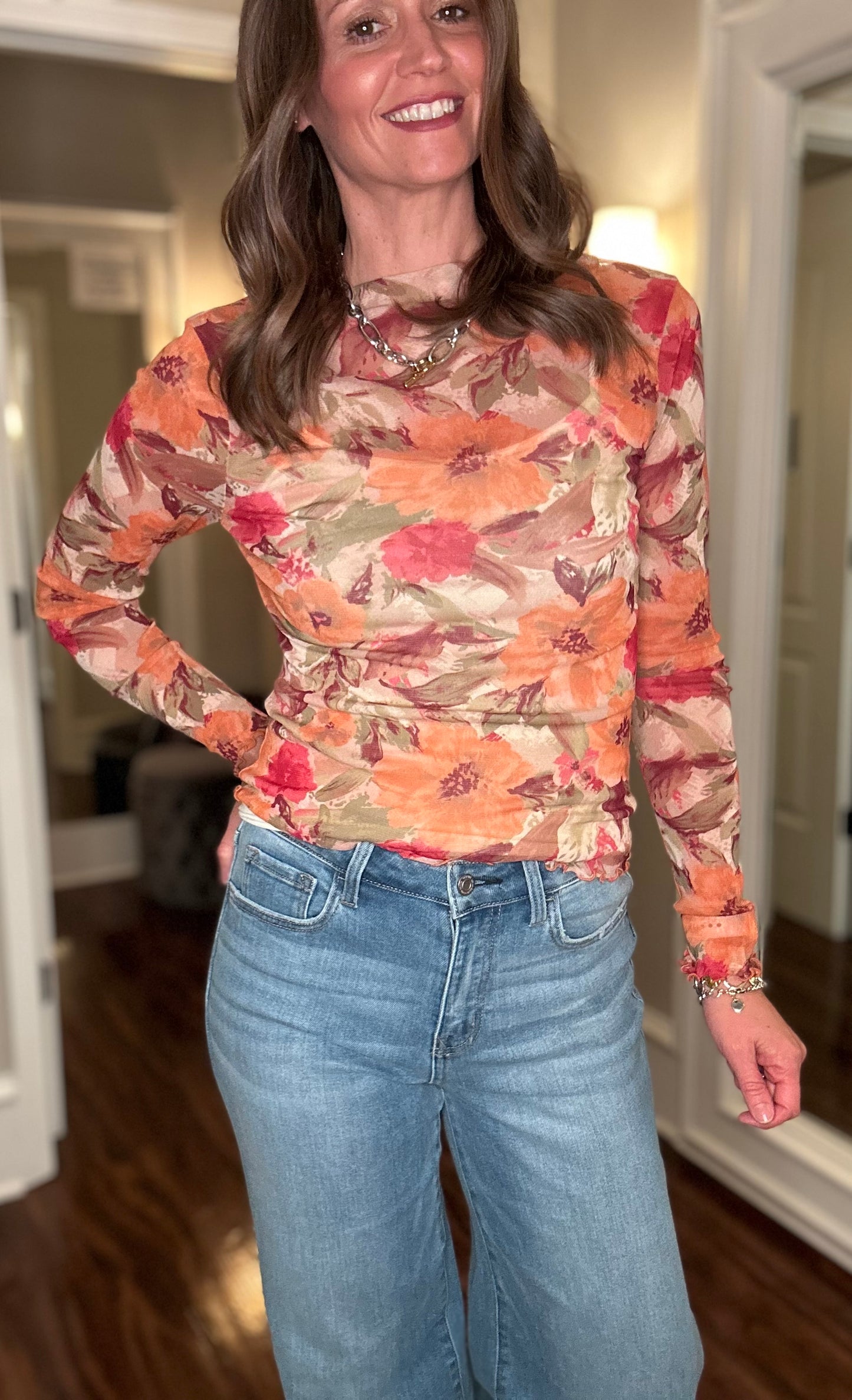 EASEL FLORAL PRINT MESH TOP 10.2