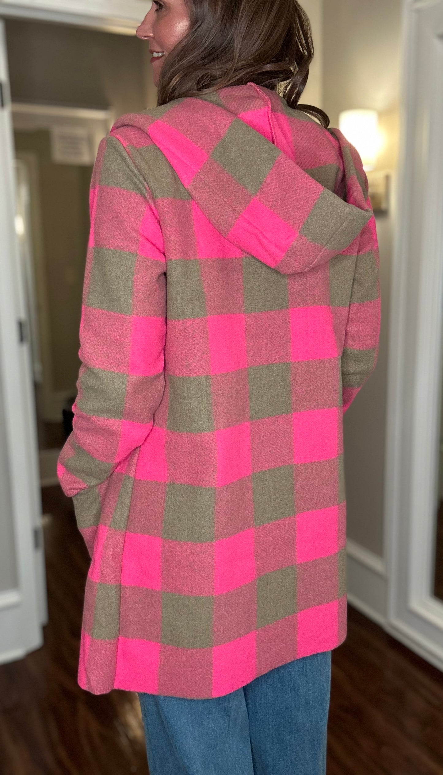 DYLAN PINK AND OLIVE PLAID HOODED COAT 10.2