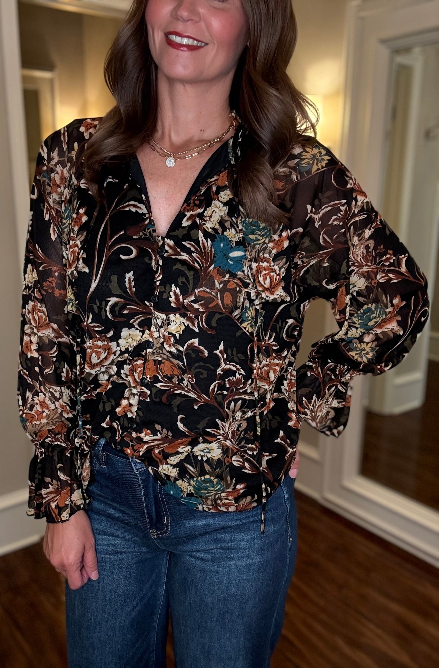 SHEER SLEEVE FLORAL BLOUSE 7.23