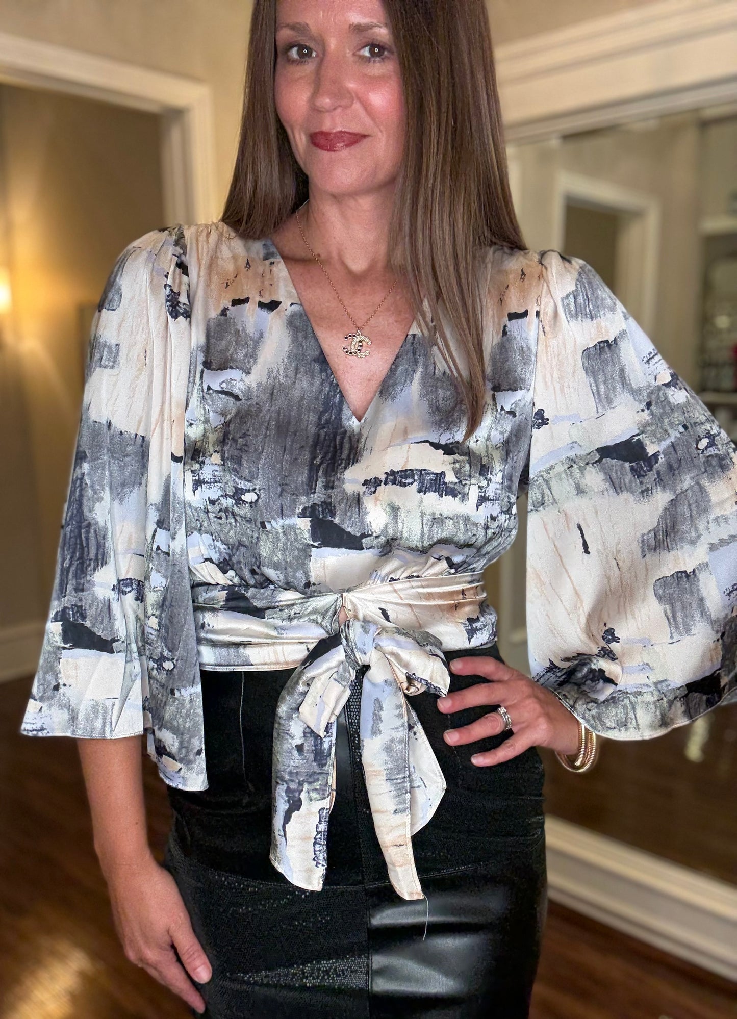 ENTRO LONG SLEEVE TIE WAIST SATIN TOP 7.11