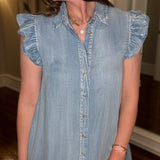 CHAMBRAY RUFFLE SLEEVE MINI DRESS 4.10