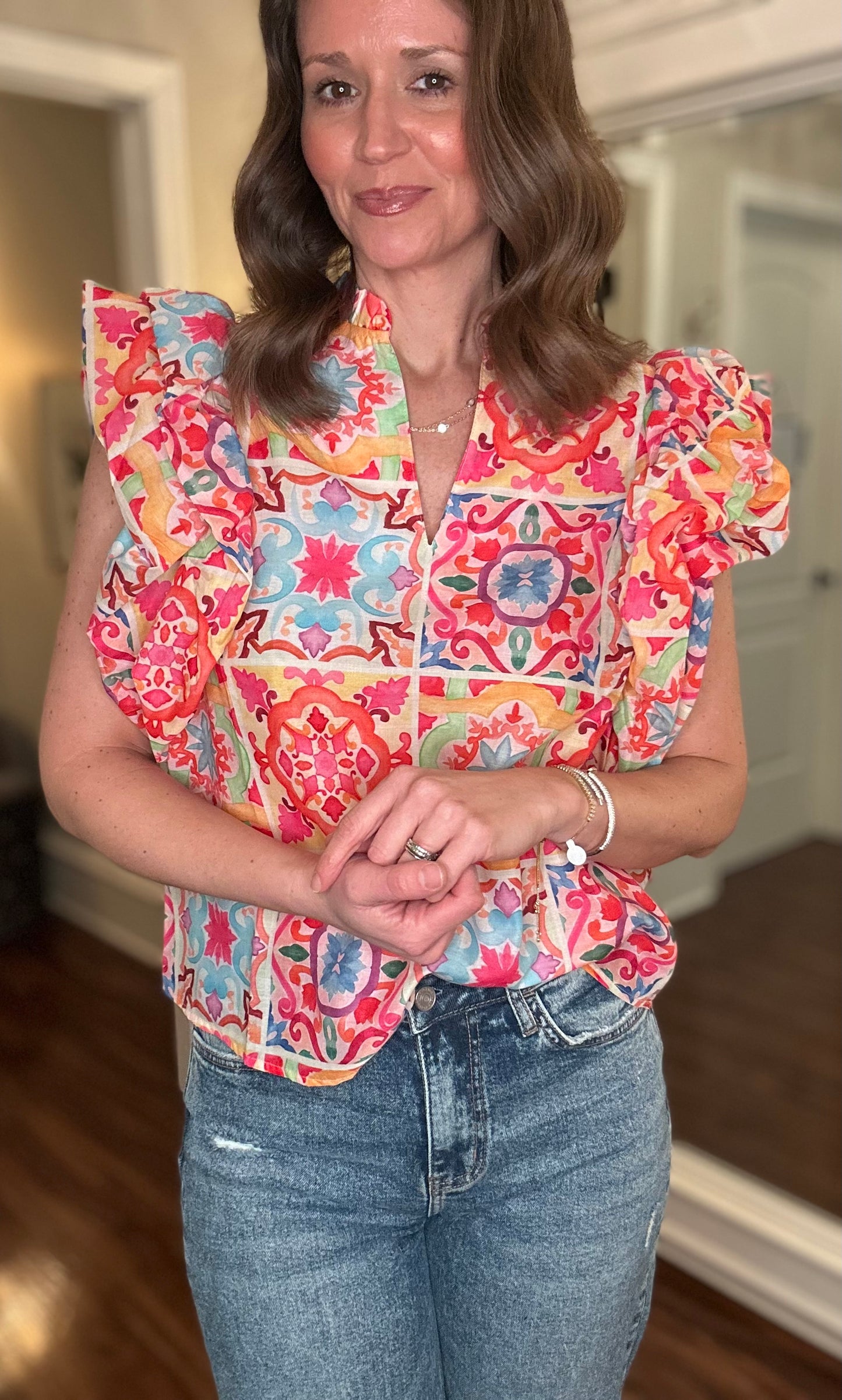 THML FLORAL FLUTTER SLEEVE TOP 1.29