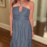 B&Y AERIES HALTER DRESS BLUE STRIPED 6.13